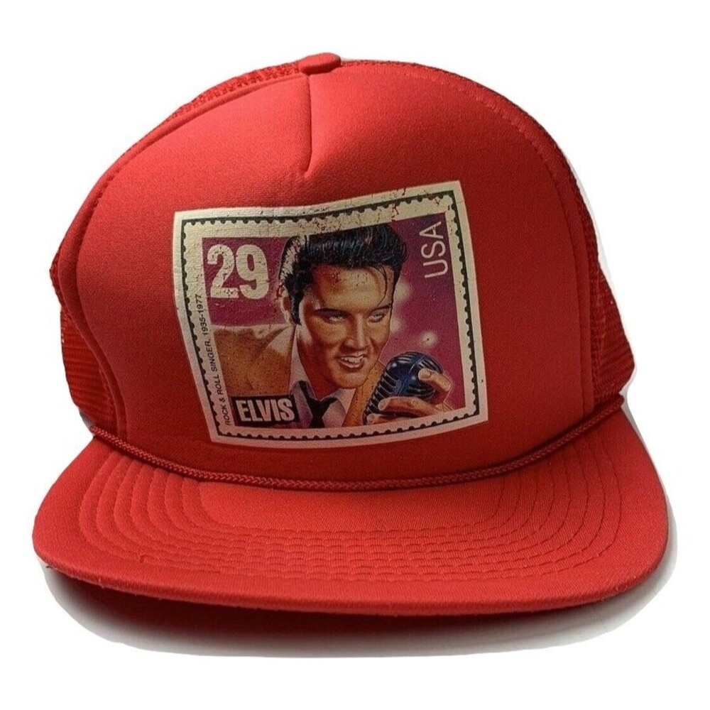 VTG Elvis Presley 29c Stamp Trucker Hat Red Mesh Snapback Gold Medal Headwear